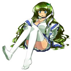Rule 34 | 1girl, bad id, bad pixiv id, blue eyes, blush, breasts, choker, cleavage, detached sleeves, female focus, frog, frog hair ornament, green hair, hair ornament, hair tubes, kochiya sanae, large breasts, long hair, maetaku, open mouth, sitting, skirt, snake, solo, thighhighs, touhou, transparent background, white thighhighs