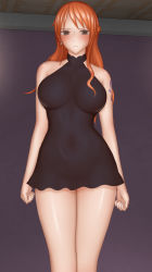 Rule 34 | 1girl, bare arms, bare legs, bare shoulders, black dress, blush, breasts, brown eyes, closed mouth, covered navel, dress, earrings, highres, jewelry, large breasts, legs, legs together, long hair, looking at viewer, nami (one piece), one piece, orange hair, ponte, sleeveless, solo, standing, tattoo, thighs