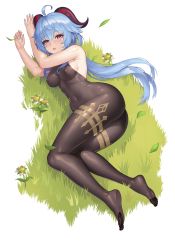 Rule 34 | 1girl, absurdres, ahoge, ass, bare arms, bare shoulders, bell, black legwear, blue hair, blue nails, blush, bodystocking, breasts, covered erect nipples, covered navel, flower, full body, ganyu (genshin impact), genshin impact, grass, highres, horns, karmiel, long hair, looking at viewer, lying, medium breasts, nail polish, no shoes, on grass, on side, parted lips, pink lips, purple eyes, sleeveless, solo, very long hair