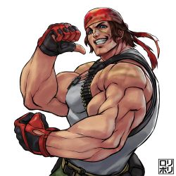 Rule 34 | 1boy, bandana, bullet, gloves, highres, jamrolypoly, male focus, military, military uniform, muscular, pointing, pointing at self, ralf jones, shirt, simple background, solo, t-shirt, the king of fighters, the king of fighters xv, uniform, white background