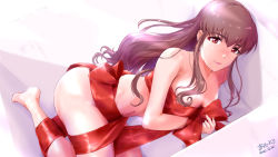 Rule 34 | 1girl, asaitori, ass, box, breasts, brown hair, cleavage, completely nude, dated, hattori toko, idolmaster, idolmaster cinderella girls, in box, in container, looking at viewer, lying, midriff, naked ribbon, navel, nude, on side, red ribbon, ribbon, solo, wavy hair