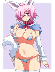 Rule 34 | 1girl, afuro, animal ears, arm warmers, bikini, blush, breasts, capelet, cleavage, cosplay, fate/grand order, fate (series), fou (fate), fou (fate) (cosplay), glasses, large breasts, mash kyrielight, navel, official alternate costume, pink hair, purple eyes, short hair, side-tie bikini bottom, smile, solo, swimsuit, tail, thighhighs