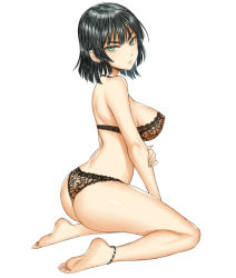 Rule 34 | 1girl, anklet, ass, back, bare arms, bare legs, bare shoulders, barefoot, black hair, black panties, breasts, closed mouth, covered erect nipples, feet, from side, fubuki (one-punch man), full body, green eyes, hand on own arm, jewelry, kneeling, lang (chikage36), large breasts, lingerie, looking at viewer, looking to the side, nipples, one-punch man, panties, see-through, serious, short hair, simple background, soles, solo, toes, underwear, underwear only, white background