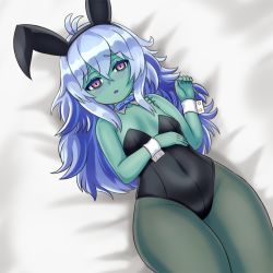 Rule 34 | 1girl, animal ears, antenna hair, arm under breasts, bed sheet, black leotard, black pantyhose, blue hair, blush, breasts, colored skin, commentary, detached collar, fake animal ears, green skin, hair between eyes, highres, leotard, long hair, looking at viewer, lying, monster girl encyclopedia, nav (itsnav), on back, open mouth, pantyhose, playboy bunny, purple eyes, rabbit ears, small breasts, solo, stitches, thighs, undead, wide hips, wrist cuffs, zombie, zombie (monster girl encyclopedia)