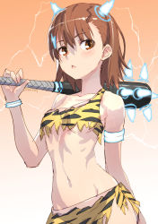 Rule 34 | 1girl, :&lt;, animal print, brown eyes, brown hair, club, club (weapon), commentary request, cowboy shot, electricity, electrokinesis, energy horns, gradient background, horns, kanabou, looking at viewer, misaka mikoto, oni, oni costume, oni horns, orange background, over shoulder, psychic, raika9, shirt, short hair, single-shoulder shirt, solo, spiked club, tiger print, toaru kagaku no railgun, toaru majutsu no index, weapon, weapon over shoulder