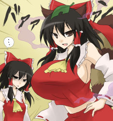 Rule 34 | ..., 2girls, angry, animal ears, armpits, ascot, black hair, bow, breast envy, breasts, brown eyes, cosplay, detached sleeves, fang, female focus, futatsuiwa mamizou, hair bow, hair tubes, hakurei reimu, hakurei reimu (cosplay), hand on own hip, hip focus, huge breasts, japanese clothes, large breasts, leaf, leaf on head, midriff, miko, multiple girls, object on head, open mouth, oro (zetsubou girl), raccoon ears, raccoon tail, shaded face, shirt, sideboob, skirt, skirt set, smile, tail, taut clothes, taut shirt, touhou