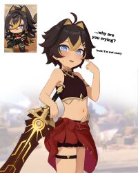 Rule 34 | 1boy, 2girls, aether (genshin impact), aged down, alternate costume, armlet, armpits, black hair, blue eyes, blurry, chibi, chibi inset, commentary, dark-skinned female, dark skin, dehya (genshin impact), depth of field, dual persona, egyptian clothes, english commentary, english text, fang, genshin impact, greatsword, hair between eyes, highres, holding, holding sword, holding weapon, looking at viewer, mockingeu, multicolored hair, multiple girls, navel, pointing, pointing at self, short hair, sidelocks, solo focus, stomach, streaked hair, sweatdrop, sword, thigh strap, two-tone hair, weapon