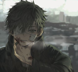 Rule 34 | 1boy, absurdres, backlighting, bandaid, bandaid on hand, blood, blood on cheek, blood on face, blood on hands, blurry, breath, collared jacket, depth of field, eyepatch, gauze on cheek, green hair, grey eyes, hair between eyes, hand on own neck, highres, jacket, light frown, looking at viewer, male focus, medical eyepatch, momomosae, morning, one eye covered, original, parted lips, portrait, short hair, solo, teeth, tsurime, upper teeth only, winter, winter clothes, zipper