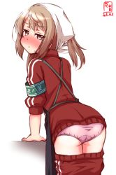 Rule 34 | 1girl, alternate costume, apron, armband, artist logo, ass, black apron, blush, closed mouth, clothes pull, dated, double bun, embarrassed, green armband, hair bun, head scarf, highres, jacket, kanon (kurogane knights), kantai collection, light brown hair, long sleeves, looking at viewer, looking back, michishio (kancolle), panties, pants, pants pull, pink panties, red jacket, short twintails, signature, simple background, solo, sweatdrop, track jacket, track pants, twintails, underwear, white background, yellow eyes