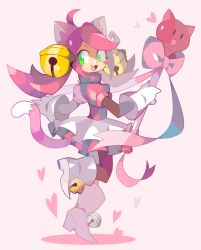 Rule 34 | 1girl, :3, ahoge, amakusa (hidorozoa), animal ears, bell, boots, cat ears, cat tail, character request, from side, full body, gloves, green eyes, grey footwear, heart, holding, jingle bell, long hair, mad mew mew, magical girl, pink background, pink hair, pink ribbon, puffy short sleeves, puffy sleeves, ribbon, short sleeves, simple background, skirt, smile, solo, standing, standing on one leg, tail, undertale, wand, white footwear, white gloves