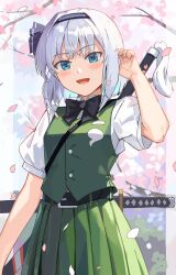 Rule 34 | 1girl, absurdres, asuka shirou, belt, black belt, black bow, black bowtie, black hairband, black ribbon, blue eyes, blue hair, blue sky, blush, border, bow, bow hairband, bowtie, branch, breasts, bush, buttons, cherry blossoms, collared shirt, colored inner hair, day, fingernails, ghost print, green skirt, green vest, grey hair, hairband, hand up, highres, hitodama print, katana, konpaku youmu, long fingernails, looking at viewer, medium breasts, multicolored hair, open mouth, outdoors, outside border, petals, pleated skirt, puffy short sleeves, puffy sleeves, ribbon, shirt, short hair, short sleeves, skirt, skirt set, sky, smile, solo, standing, sword, touhou, tree, vest, weapon, white border, white shirt