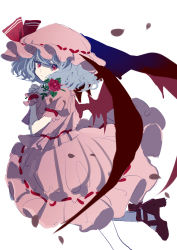 Rule 34 | 1girl, absurdres, blue hair, closed mouth, dress, flower, hair between eyes, hat, highres, leaf, looking at viewer, pink dress, pink flower, pink hat, pink rose, pink sleeves, pink wristband, red eyes, red footwear, red ribbon, remilia scarlet, ribbon, rose, shocho (shaojiujiu), shoes, short hair, short sleeves, simple background, solo, touhou, white background, wings, wristband