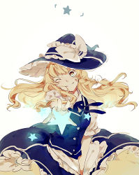 Rule 34 | 1girl, apron, arin (fanfan013), bad id, bad pixiv id, blonde hair, blouse, blue hat, bow, braid, collared shirt, cowboy shot, frills, glowing, hair bow, hair ornament, hat, hat bow, head tilt, highres, kirisame marisa, long hair, looking at viewer, one eye closed, outstretched arm, puffy sleeves, reaching, reaching towards viewer, shirt, short sleeves, side braid, simple background, single braid, skirt, skirt set, smile, solo, star (symbol), teeth, touhou, vest, waist apron, white background, white shirt, witch hat, yellow eyes