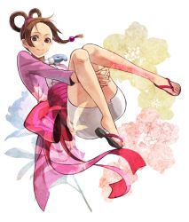Rule 34 | 1girl, ace attorney, aged up, bow, brown hair, artistic error, full body, grey eyes, hair rings, highres, japanese clothes, jewelry, magatama, necklace, pearl fey, phoenix wright: ace attorney - dual destinies, pink bow, sandals, short hair, skirt, smile, solo, wrong foot, yoruno22