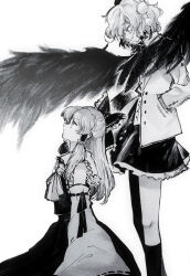 Rule 34 | 2girls, alternate hairstyle, ascot, behind another, bow, buttons, closed mouth, detached sleeves, feathered wings, frilled bow, frilled hair tubes, frilled shirt collar, frills, greyscale, hair bow, hair tubes, hakurei reimu, hands in pockets, hat, highres, jacket, korean commentary, light smile, long hair, looking at another, monochrome, multiple girls, pom pom (clothes), profile, ribbon-trimmed sleeves, ribbon trim, seiza, shameimaru aya, short hair, sidelocks, simple background, sitting, skirt, spread wings, standing, stardustreverle, tassel, tokin hat, touhou, vest, wide sleeves, wings