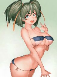 Rule 34 | 1girl, arched back, ass, bare shoulders, bikini, breasts, commentary request, covered erect nipples, eyebrows, frame arms girl, fumio (rsqkr), green eyes, green hair, kotobuki bukiko, large breasts, looking at viewer, open mouth, side-tie bikini bottom, solo, swimsuit, thick eyebrows, twintails