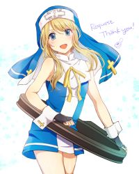 Rule 34 | 1boy, :d, androgynous, black gloves, blonde hair, blue dress, blue eyes, bridget (guilty gear), cowboy shot, dress, fingerless gloves, floating hair, gloves, guilty gear, guilty gear xx, habit, head tilt, heru (totoben), long hair, looking at viewer, male focus, open mouth, ribbon, short dress, simple background, sleeveless, sleeveless dress, smile, solo, standing, trap, white background, yellow ribbon