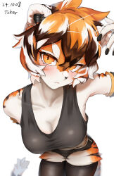 1girl animal_ears animal_print arknights black_nails black_panties black_tank_top black_thighhighs breasts cleavage closed_mouth fang furry furry_female highres large_breasts leaning_forward looking_at_viewer orange_background orange_eyes panties short_hair simple_background skin_fang solo tail tank_top thighhighs ticker_(kks2ksy) tiger_ears tiger_girl tiger_print tiger_tail underwear waai_fu_(arknights) white_background