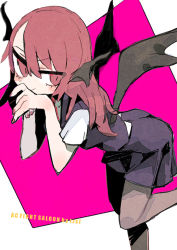 Rule 34 | 1girl, bat wings, bent over, black pantyhose, black skirt, black vest, blush, closed mouth, covering own mouth, feet out of frame, hair between eyes, head wings, koakuma, long hair, looking to the side, pantyhose, pink background, raised eyebrow, red eyes, red hair, short sleeves, simple background, skirt, smile, solo, standing, standing on one leg, touhou, tsurime, tsuru (nekopanchi), vest, white background, wings