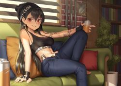 Rule 34 | 1girl, abs, arm support, barefoot, beanie, beer can, black gloves, black hair, breasts, can, casual, cleavage, commission, couch, crop top, denim, drink can, earrings, feet on chair, fingerless gloves, glint, gloves, goback, grin, hair between eyes, hat, highres, holding, holding can, indoors, jeans, jewelry, kun (thiepriest), leaning back, leg up, light particles, long hair, looking at viewer, maplestory, medium breasts, midriff, navel, open fly, open pants, pants, pillow, plant, potted plant, red eyes, scar, scar across eye, scar on face, second-party source, single earring, smile, solo, spiked knuckles, sunlight, tank top, toned