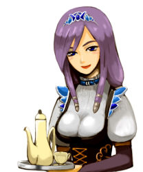 Rule 34 | 1girl, ailyth, breasts, collar, corset, cup, female focus, lipstick, maid, makeup, matsuda (engawa-juri), solo, teacup, tiara, upper body, valkyrie profile: covenant of the plume, valkyrie profile (series), white background