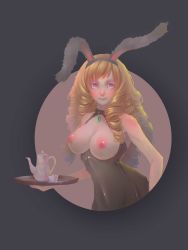 Rule 34 | 1girl, animal ears, blonde hair, blue eyes, breastless clothes, breasts, breasts out, brooch, cup, drill hair, highres, jewelry, jpeg artifacts, large breasts, long hair, nipples, original, rabbit ears, rabbit girl, seina, simple background, skin tight, smile, solo, teacup, teapot