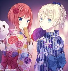 Rule 34 | 2girls, alternate costume, ark royal (kancolle), blue bow, blue eyes, blue kimono, blunt bangs, blush, bow, closed mouth, corn, corn cob, dated, floral print, flower, food, from behind, hair between eyes, hair flower, hair ornament, hand fan, holding, holding food, japanese clothes, kabocha torute, kantai collection, kimono, lips, looking back, miss cloud, mole, mole under eye, multiple girls, paper fan, pink kimono, red bow, red hair, richelieu (kancolle), sash, short ponytail, smile, twitter username, uchiwa, unmoving pattern, upper body, yukata