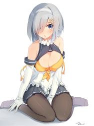 Rule 34 | 10s, 1girl, :o, bare shoulders, between legs, black pantyhose, blue eyes, blush, breasts, cleavage, gloves, hair ornament, hair over one eye, hairband, hairclip, hamakaze (kancolle), hand between legs, highres, kantai collection, large breasts, looking at viewer, pantyhose, pleated skirt, school uniform, serafuku, short hair, silver hair, simple background, sitting, skirt, solo, tebi (tbd11), wariza, white background, white gloves