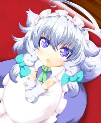 Rule 34 | 1girl, ahoge, animal ears, animal hands, apron, blue eyes, blue skirt, blue vest, braid, chestnut mouth, chibi, commentary request, dog ears, dog tail, from above, gloves, hair between eyes, hair ribbon, hands on lap, highres, huge ahoge, inu sakuya (nejikirio), izayoi sakuya, looking at viewer, looking up, muumuu (sirufuruteienn), neck ribbon, own hands together, paw gloves, puffy short sleeves, puffy sleeves, red background, ribbon, shirt, short sleeves, silver hair, sitting, skirt, solo, tail, touhou, tress ribbon, twin braids, v arms, vest, waist apron, white gloves, white shirt