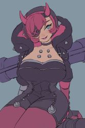 Rule 34 | 1girl, absurdres, animification, apex legends, backpack, bag, black bodysuit, black gloves, black headwear, black jacket, blue background, blue eyes, bodysuit, breasts, cleavage, cyber punked wattson, eyepatch, fingerless gloves, gloves, highres, hood, hooded jacket, horns, jacket, kabiyapyo, large breasts, looking to the side, mechanical arms, one eye covered, parted lips, pink hair, seiza, single mechanical arm, sitting, solo, wattson (apex legends)