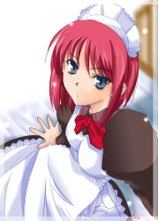 Rule 34 | 00s, apron, blue eyes, from above, hisui (tsukihime), looking up, maid, maid apron, maid headdress, melty blood, red hair, serious, short hair, sitting, solo, tsukihime, type-moon