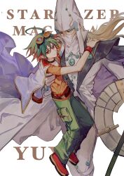 Rule 34 | 2boys, ahoge, arms around neck, bad id, bad lofter id, baggy pants, belt, blonde hair, blue eyes, brown belt, character name, collar, duel monster, gloves, goggles, goggles on head, green hair, green pants, hand on another&#039;s back, hat, height difference, highres, holding, holding weapon, jacket, light smile, long hair, looking at another, looking at viewer, looking down, male focus, multicolored hair, multiple boys, naoki (2rzmcaizerails6), off shoulder, orange shirt, own hands together, pants, red eyes, red footwear, red hair, red wristband, robe, sakaki yuya, shirt, shoes, short hair, single off shoulder, star (symbol), stargazer magician, t-shirt, weapon, white background, white gloves, white jacket, white pants, white robe, wizard hat, yu-gi-oh!, yu-gi-oh! arc-v