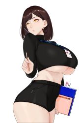 Rule 34 | 1girl, blush, breasts, brown hair, cradling phone, cropped sweater, head tilt, high-waist shorts, highres, holding, holding pen, huge breasts, id card, looking to the side, midriff, mole, mole under eye, office lady, orange eyes, original, pen, phone, short shorts, shorts, simple background, solo, sweater, talking on phone, turtleneck, turtleneck sweater, underboob, white background, zcune