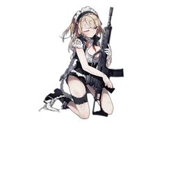 Rule 34 | 1girl, apron, assault rifle, blonde hair, blouse, blue eyes, blush, boots, braid, braided bangs, breasts, bridal garter, cleavage, full body, g36 (girls&#039; frontline), girls&#039; frontline, gloves, gun, h&amp;k g36, imoko (imonatsuki), kneeling, large breasts, long hair, looking away, magazine (weapon), maid, maid apron, maid headdress, official art, personification, rifle, shirt, skirt, solo, thigh strap, torn clothes, torn shirt, torn skirt, transparent background, very long hair, weapon, wince