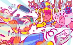 Rule 34 | 1boy, anger vein, animal print, backwards hat, baseball cap, beanie, blush stickers, bow, bowtie, channel ppp, flying sweatdrops, hat, headphones, inhaling, jitome, king dedede, kirby, kirby (series), mamemaki, masu, microphone, nintendo, notepad, official art, robe, scarfy, setsubun, simple background, soybean, throwing, tiger print, translated, video camera, waddle dee, white background
