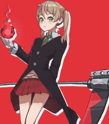 Rule 34 | 1girl, absurdres, brown hair, closed mouth, collared shirt, expressionless, gloves, green eyes, green necktie, highres, k-rha&#039;s, long sleeves, looking at viewer, maka albarn, medium hair, necktie, pleated skirt, red background, red skirt, scythe, shirt, simple background, skirt, solo, soul eater, striped necktie, striped neckwear, twintails, white gloves