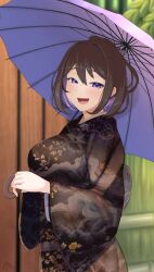 Rule 34 | 1girl, black hair, black kimono, blue eyes, breasts, commission, from side, gollizo, granblue fantasy, highres, holding, holding umbrella, japanese clothes, kimono, large breasts, looking at viewer, medium hair, shion (granblue fantasy), skeb commission, smile, solo, umbrella, wide sleeves