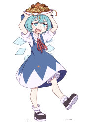 Rule 34 | 1girl, absurdres, black footwear, blue bow, blue dress, blue eyes, blue hair, blush stickers, bow, cirno, collared shirt, detached wings, dress, drooling, fairy, fang, food, full body, hair bow, highres, ice, ice wings, kame (kamepan44231), open mouth, pasta, shirt, shoes, short hair, short sleeves, simple background, skin fang, socks, solo, touhou, white background, white shirt, white socks, wings
