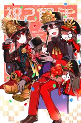 Rule 34 | 1boy, 1girl, black cape, blush, brother and sister, brown footwear, cape, family crest, fate/grand order, fate (series), gold footwear, hair between eyes, hat, highres, military hat, oda nobunaga (fate), oda uri, peaked cap, red cape, red eyes, siblings, smile, twitter username, yui (tamagohan)