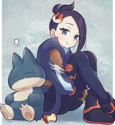 Rule 34 | 1girl, apple, apple core, black footwear, black hair, blue eyes, boots, character print, closed eyes, closed mouth, commentary request, creatures (company), eyelashes, fangs, fangs out, food, fruit, game freak, gen 2 pokemon, gen 4 pokemon, grey jacket, hair ornament, highres, jacket, looking at viewer, mai (pokemon), munchlax, n2ewu, nintendo, pantyhose, pokemon, pokemon (creature), pokemon legends: arceus, short hair, sitting, skirt, smile, ursaring