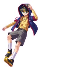 Rule 34 | 1boy, black footwear, black hair, black shorts, blonde hair, blue jacket, collared shirt, commentary, digimon, digimon card game, digimon liberator, hood, hood up, hooded jacket, jacket, jewelry, multicolored hair, official art, pendant, shirt, shorts, simple background, solo, streaked hair, transparent background, winr, yellow shirt