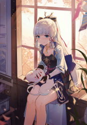 Rule 34 | 1girl, absurdres, animal, animal on lap, arm guards, armor, ayaka (genshin impact), blue eyes, blunt bangs, blurry, blurry foreground, blush, breastplate, cat, cat on lap, chinese commentary, choker, closed mouth, collarbone, commentary request, crying, crying with eyes open, feet out of frame, fox mask, genshin impact, hair ornament, hair ribbon, highres, holding, holding mask, indoors, leaf, long hair, looking at viewer, mask, unworn mask, mole, mole under eye, on lap, pink ribbon, ribbon, silver hair, sitting, solo, tears, very long hair, white cat, window, yajuu, yellow choker