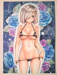 Rule 34 | 10s, 1girl, bare arms, bare shoulders, bikini, bikini pull, black bikini, blue flower, blue rose, blush, body blush, breasts, cleavage, closed mouth, clothes pull, collarbone, cowboy shot, floral background, flower, frown, green eyes, groin, hair ornament, hair over one eye, hairclip, hamakaze (kancolle), highres, kantai collection, large breasts, leaf, legs apart, navel, paper, photo (medium), red flower, red rose, rose, short hair, silver hair, solo, standing, stomach, swimsuit, tareme, traditional media, undressing, uramachi (hukahuka futon), wavy mouth