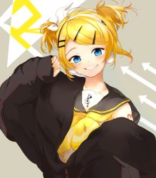 Rule 34 | 1girl, alternate hairstyle, arrow (symbol), black coat, black collar, blonde hair, blue eyes, bow, coat, collar, collared shirt, commentary, grin, hair bow, hair ornament, hairband, hairclip, hand up, highres, kagamine rin, looking at viewer, nail polish, neckerchief, open clothes, open coat, oyamada gamata, sailor collar, shirt, short hair, short twintails, shoulder tattoo, smile, solo, swept bangs, tattoo, treble clef, twintails, upper body, vocaloid, white bow, white shirt, yellow nails, yellow neckerchief