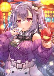 Rule 34 | 1girl, bare shoulders, blush, bow, breasts, candy, candy apple, casual, cellphone, eyelashes, flower, food, genshin impact, hair bow, hair flower, hair ornament, half-closed eyes, highres, holding, holding candy, holding food, holding phone, keqing (genshin impact), keqing (lantern rite) (genshin impact), lantern, lantern festival, long sleeves, looking at viewer, medium breasts, nail polish, nyamaso, open mouth, paper lantern, phone, plaid, plaid scarf, purple eyes, purple hair, purple sweater, red nails, scarf, skirt, sky lantern, smile, solo, sweater, upper body, white skirt