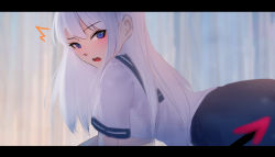 Rule 34 | 2girls, ^^^, blue eyes, blue sailor collar, blue skirt, blush, demon tail, from side, letterboxed, long hair, looking at viewer, looking to the side, multiple girls, open mouth, original, out of frame, pleated skirt, sailor collar, saliva, saliva trail, school uniform, serafuku, shimmer, shirt, short sleeves, skirt, solo focus, tail, teeth, upper teeth only, very long hair, white hair, white shirt