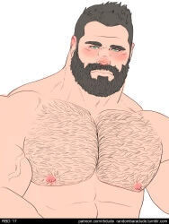 Rule 34 | 1boy, abs, bad id, bad tumblr id, bara, beard, black hair, blush, chest hair, closed mouth, expressionless, facial hair, flat color, full beard, green eyes, highres, large pectorals, looking at viewer, male focus, mature male, muscular, muscular male, nipples, original, pectorals, randombaradude, short hair, simple background, solo, thick beard, thick eyebrows, thick mustache, upper body, white background