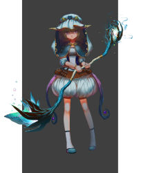 Rule 34 | 1girl, brown hair, full body, holding, horns, looking at viewer, original, outside border, pumpkin pants, purple eyes, short hair, solo, staff, standing, zimajiang