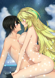 Rule 34 | 1boy, 1girl, ahoge, bare shoulders, black hair, blonde hair, blush, breast on chest, breast press, breasts, brown eyes, cleavage, cloud, cloudy sky, couple, eye contact, girl on top, gradient hair, hetero, highres, hug, jude mathis, kai (link2262), large breasts, long hair, looking at another, milla maxwell, multicolored hair, night, night sky, nipples, nude, red eyes, sex, short hair, sitting, sky, star (sky), starry sky, straddling, tales of (series), tales of xillia, upright straddle