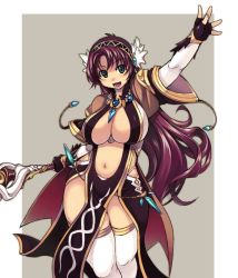 Rule 34 | 1girl, arm up, breasts, cape, cleavage, fingerless gloves, gloves, hairband, huge breasts, large breasts, long hair, mil (xration), navel, open mouth, purple eyes, purple hair, ragnarok online, simple background, smile, solo, thick thighs, thighhighs, thighs, warlock (ragnarok online), white thighhighs, wide hips